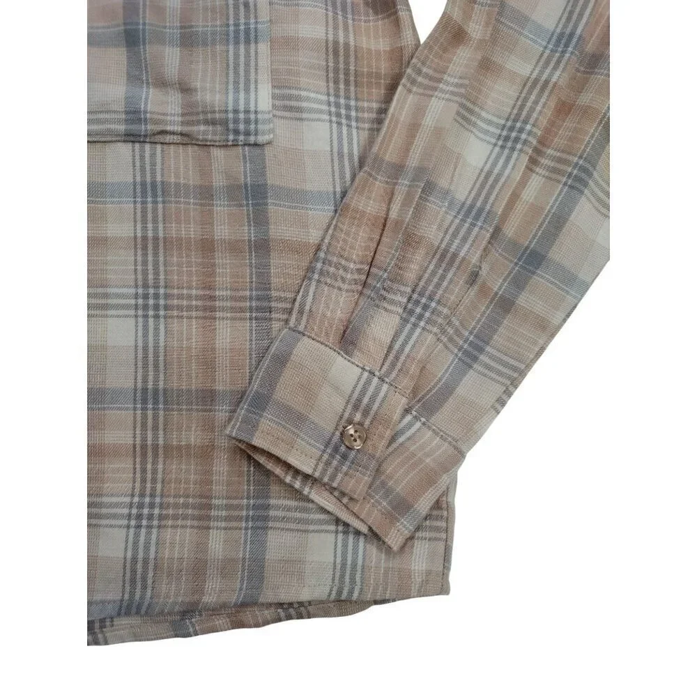 Plaid Long-Sleeve Shirt M By Hippie Rose Cotton & Viscose Beige, Button Front.